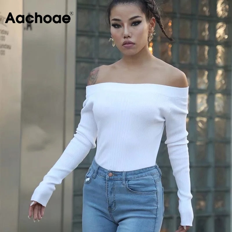 Women Sexy Off Shoulder Knitted Bodysuit Solid Long Sleeve Bodycon Jumpsuit Streetwear Casual Slash Neck Playsuit