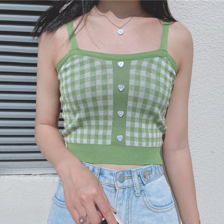 Women Plaid Crop Tops Buttons Camis Knitting Cute Tank Tops Ladies Sleeveless Solid Crop Tops Women Summer