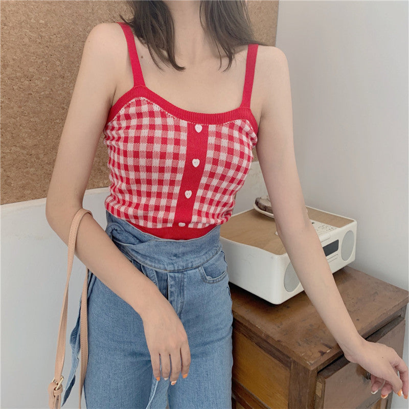 Women Plaid Crop Tops Buttons Camis Knitting Cute Tank Tops Ladies Sleeveless Solid Crop Tops Women Summer