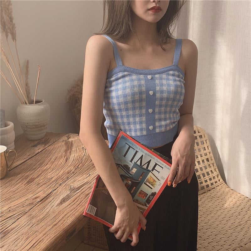 Women Plaid Crop Tops Buttons Camis Knitting Cute Tank Tops Ladies Sleeveless Solid Crop Tops Women Summer