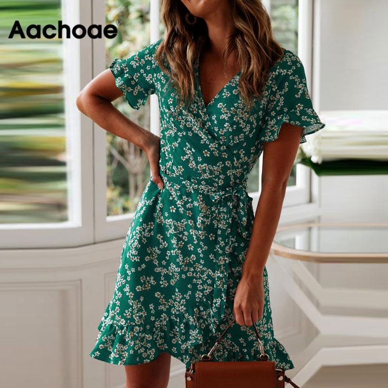 Women Dresses Summer Sexy V Neck Floral Print Boho Beach Dress Ruffle Short Sleeve A Line Mini Dress Sundress Robe