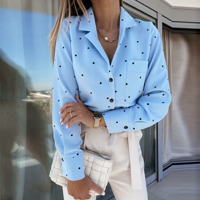 Pocket Long Sleeve Turn Down Collar Women Blouse Office Lady Polka Dot Cotton Casual Shirts