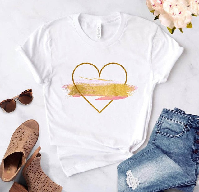 Heart flower print ladies T-shirt ladies casual basis O-collar white shirt short sleeve ladies T-shirt love graphic printing