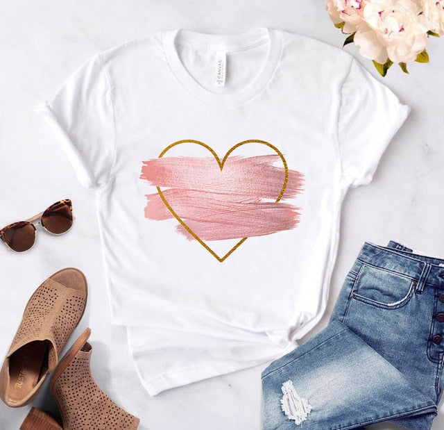 Heart flower print ladies T-shirt ladies casual basis O-collar white shirt short sleeve ladies T-shirt love graphic printing