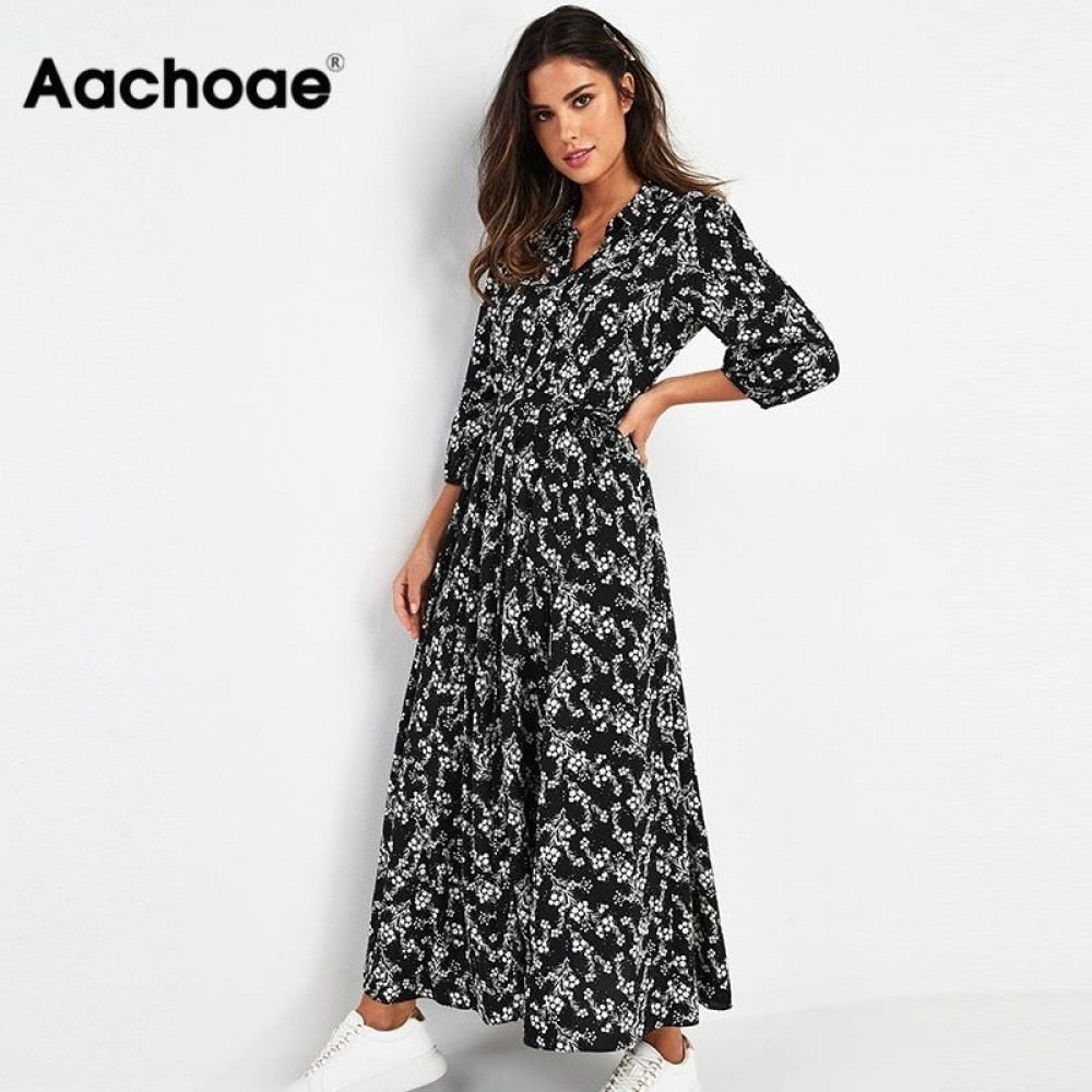 Vintage Floral Print Maxi Dress Women Boho Three Quarter Sleeve Long Dress Turn Down Collar Casual Shirt Dresses Robe