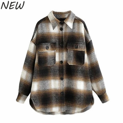 Vintage women long sleeve woolen coats fashion ladies thick plaid coat female streetwear elegant girls oversize jacket chic