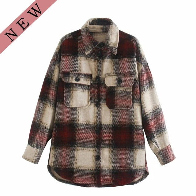 Vintage women long sleeve woolen coats fashion ladies thick plaid coat female streetwear elegant girls oversize jacket chic