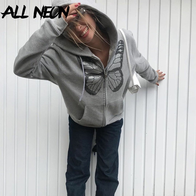 ALLNeon Y2K Fashion Oversized Butterfly Graphic Rhinestone Zip Up Hoodies E-girl 90s Streetwear Diamond Grey Long Jacket Autumn