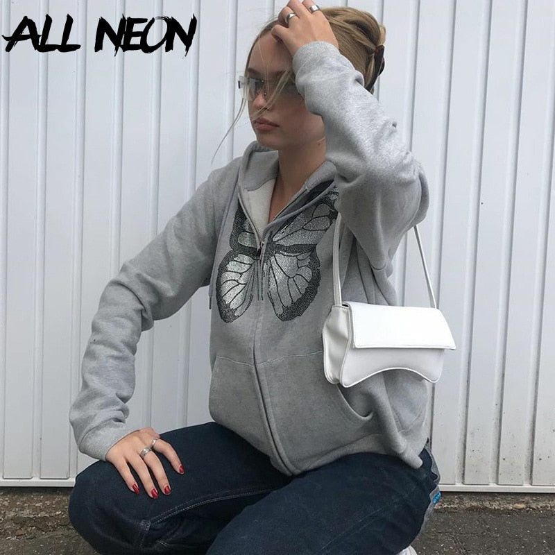 ALLNeon Y2K Fashion Oversized Butterfly Graphic Rhinestone Zip Up Hoodies E-girl 90s Streetwear Diamond Grey Long Jacket Autumn