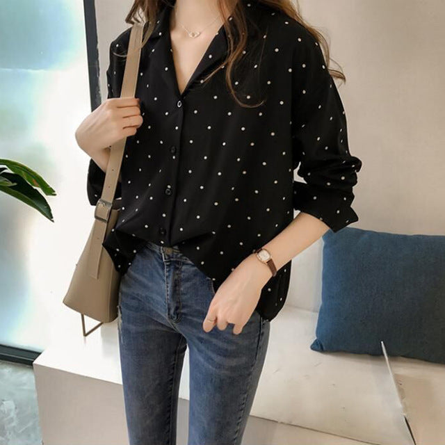 Pocket Long Sleeve Turn Down Collar Women Blouse Office Lady Polka Dot Cotton Casual Shirts