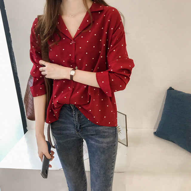 Pocket Long Sleeve Turn Down Collar Women Blouse Office Lady Polka Dot Cotton Casual Shirts