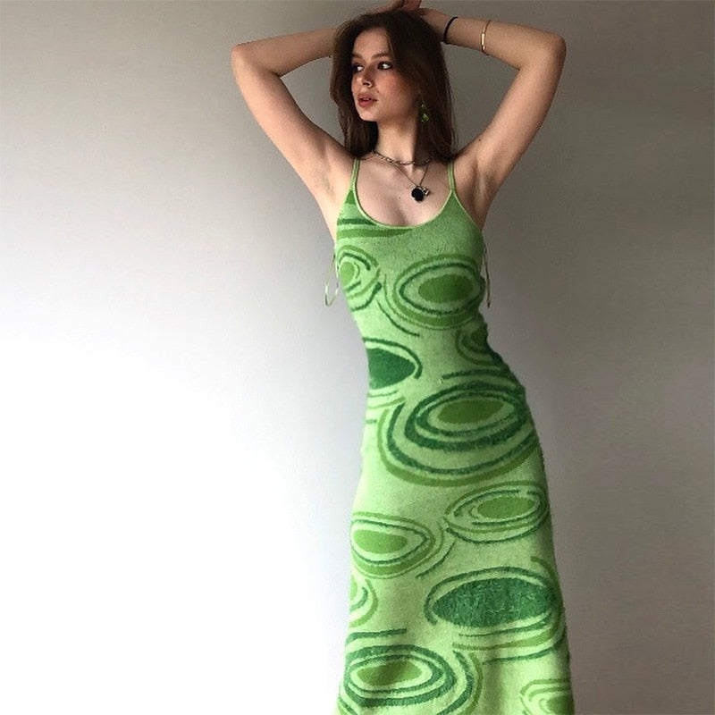 Paisley Print Knit Dress Women Green Y2K Summer Sexy Bodycon  Sleeveless Spaghetti Strap Beach Party Midi Dresses 2021