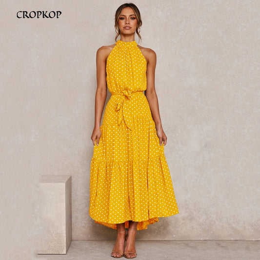 Summer Long Dress Polka Dot Casual Dresses Black Sexy Halter Strapless New Yellow Sundress Vacation Clothes For Women