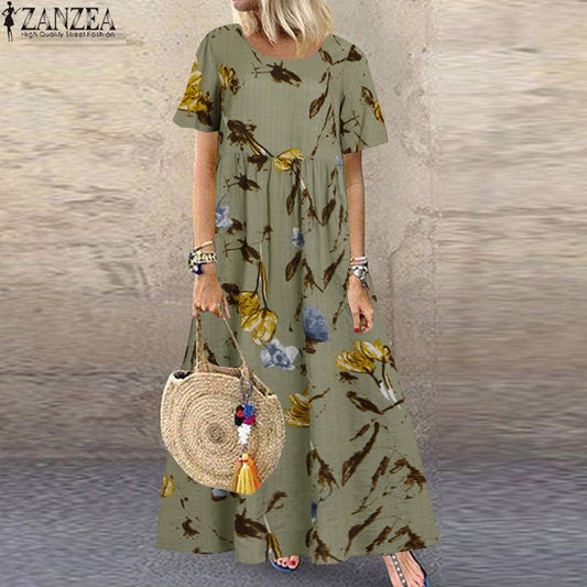 ZANZEA Fashion Summer Maxi Dress Women's Printed Sundress Casual Short Sleeve Vestidos Female High Waist Robe Femme Plus Size