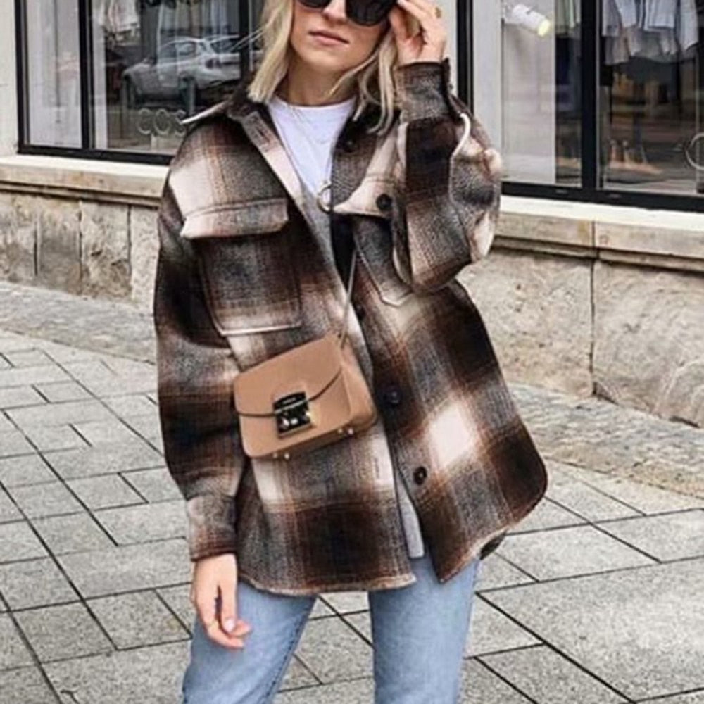 Vintage women long sleeve woolen coats fashion ladies thick plaid coat female streetwear elegant girls oversize jacket chic