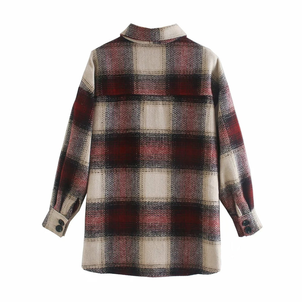 Vintage women long sleeve woolen coats fashion ladies thick plaid coat female streetwear elegant girls oversize jacket chic