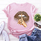 Summer Fashion Shirt Lips Leopard Graphic T Shirt Women Tops Base O-neckBlack Tees Kiss Leopard Lip Funny Girls Tshirt