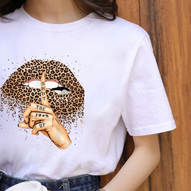 Summer Fashion Shirt Lips Leopard Graphic T Shirt Women Tops Base O-neckBlack Tees Kiss Leopard Lip Funny Girls Tshirt