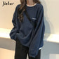New Kpop Letter Hoody Fashion Korean Thin Chic Women's Sweatshirts Cool Navy Blue Gray Hoodies for Women M-XXL