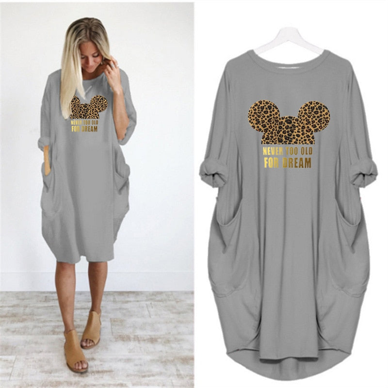 Dress Women Leopard Print Autumn Pocket Loose Dresses Vintage Fall Maxi Clothes Party Casual Woman Plus Size Mickey Dress