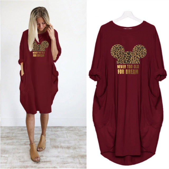 Dress Women Leopard Print Autumn Pocket Loose Dresses Vintage Fall Maxi Clothes Party Casual Woman Plus Size Mickey Dress