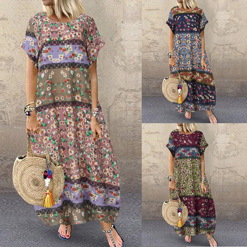 ZANZEA Fashion Summer Maxi Dress Women's Printed Sundress Casual Short Sleeve Vestidos Female High Waist Robe Femme Plus Size