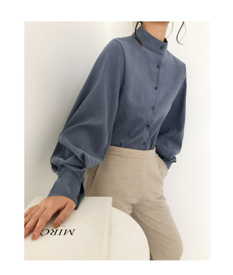 Big Lantern Sleeve Blouse Women Autumn Winter Single Breasted Stand Collar Shirts Office Work Blouse Solid Vintage Blouse Shirts