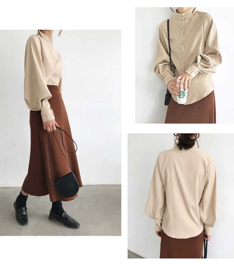 Big Lantern Sleeve Blouse Women Autumn Winter Single Breasted Stand Collar Shirts Office Work Blouse Solid Vintage Blouse Shirts