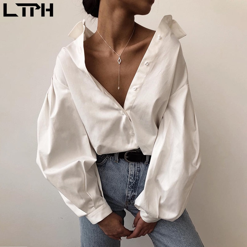 Autumn New women blouses Lantern Sleeves lapel Streetwear fashion Casual wild Loose Slim button simple Solid shirt