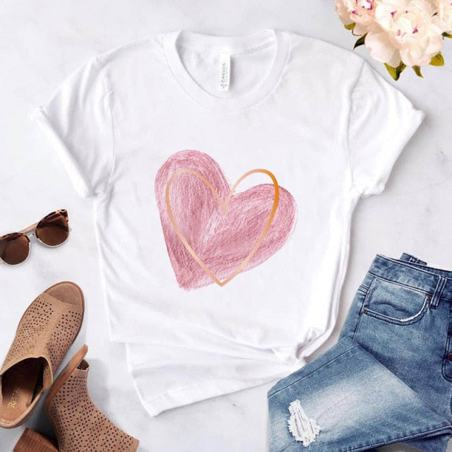 Heart flower print ladies T-shirt ladies casual basis O-collar white shirt short sleeve ladies T-shirt love graphic printing