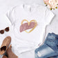 Heart flower print ladies T-shirt ladies casual basis O-collar white shirt short sleeve ladies T-shirt love graphic printing