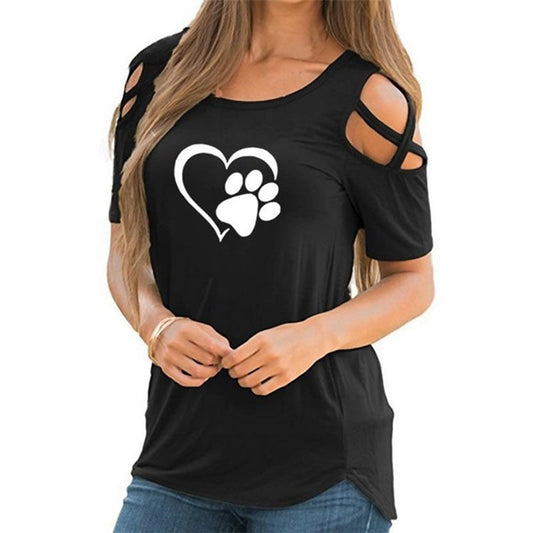 Harajuku lovely heart Tshirt Women Causal T-shirt Cotton Bear paw Tees Woman off shoulder tops Clothes Drop Shipping