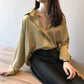 Spring Women Fashion Long Sleeves Satin Blouse Vintage Femme V Neck Street Shirts Elegant Imitation Silk Blouse