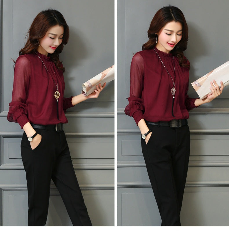 Chiffon Blouse New Women Tops Long Sleeve Stand Neck Work Wear Shirts Elegant Lady Casual Blouses women's blusas Plus size