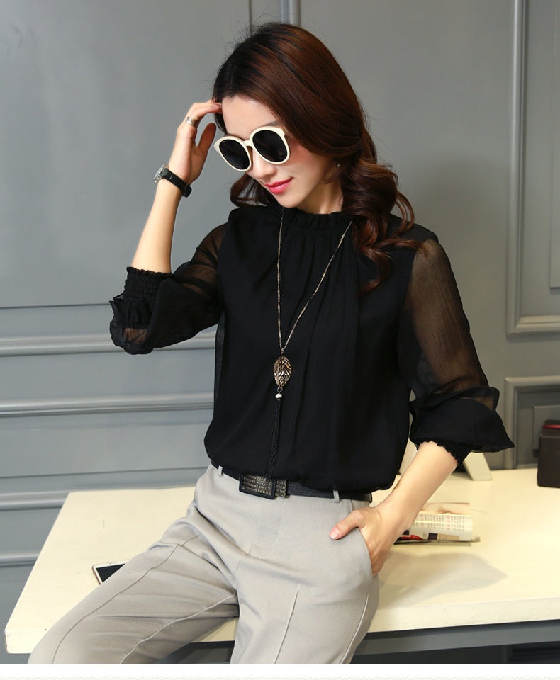 Chiffon Blouse New Women Tops Long Sleeve Stand Neck Work Wear Shirts Elegant Lady Casual Blouses women's blusas Plus size