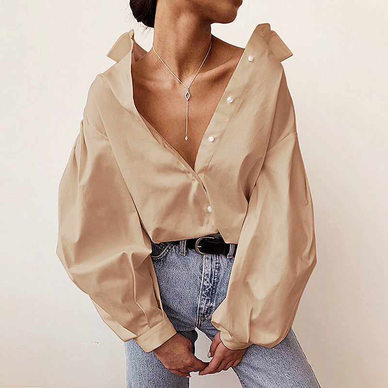 Autumn New women blouses Lantern Sleeves lapel Streetwear fashion Casual wild Loose Slim button simple Solid shirt