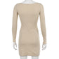 Elegant Square Neck Ribbed Black Dress Female Knitted Side Split Bodycon Dress Long Sleeve Fashion Mini Dresses Basic