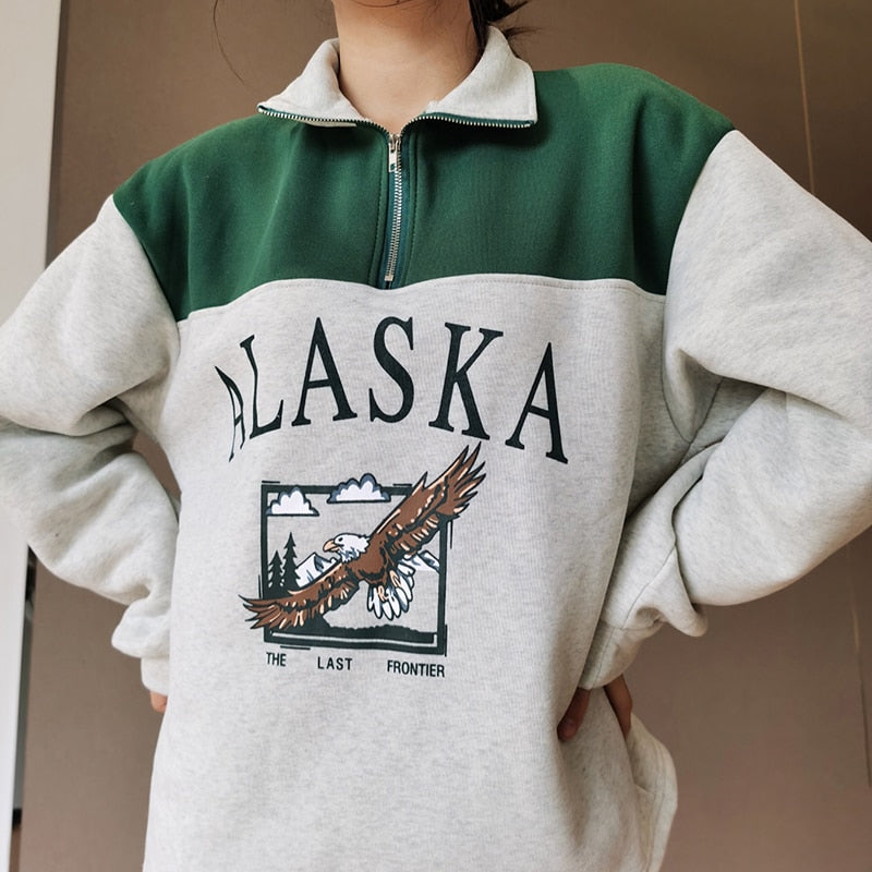 Spring Women Sweatshirts Vintage Streetwear Letter Printed Hoodies Women Back To The Basics Loose Sweatshirt with Fleece