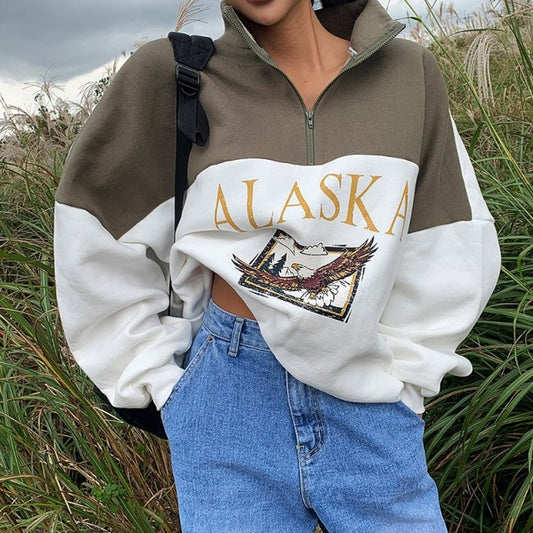 Spring Women Sweatshirts Vintage Streetwear Letter Printed Hoodies Women Back To The Basics Loose Sweatshirt with Fleece