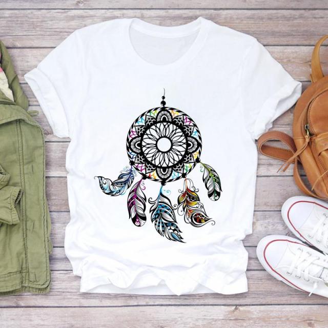 Women Summer Short Sleeve Dream Feather Fashion Print Lady T-shirts Top T Shirt Ladies Womens Graphic Female Tee T-Shirt