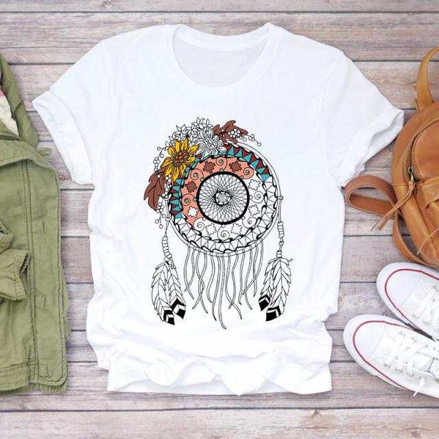 Women Summer Short Sleeve Dream Feather Fashion Print Lady T-shirts Top T Shirt Ladies Womens Graphic Female Tee T-Shirt