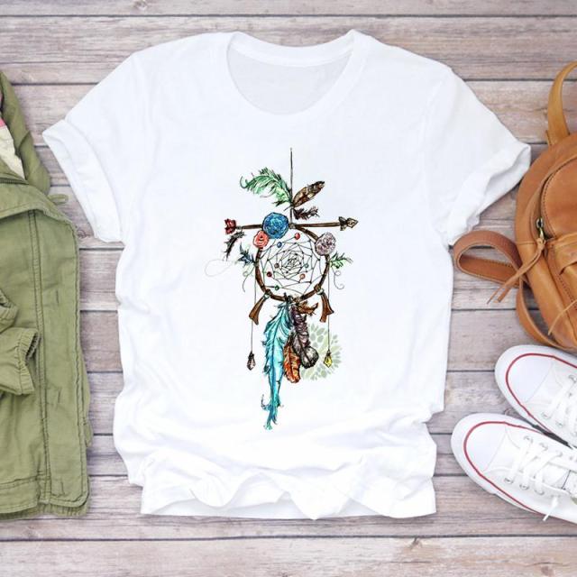 Women Summer Short Sleeve Dream Feather Fashion Print Lady T-shirts Top T Shirt Ladies Womens Graphic Female Tee T-Shirt