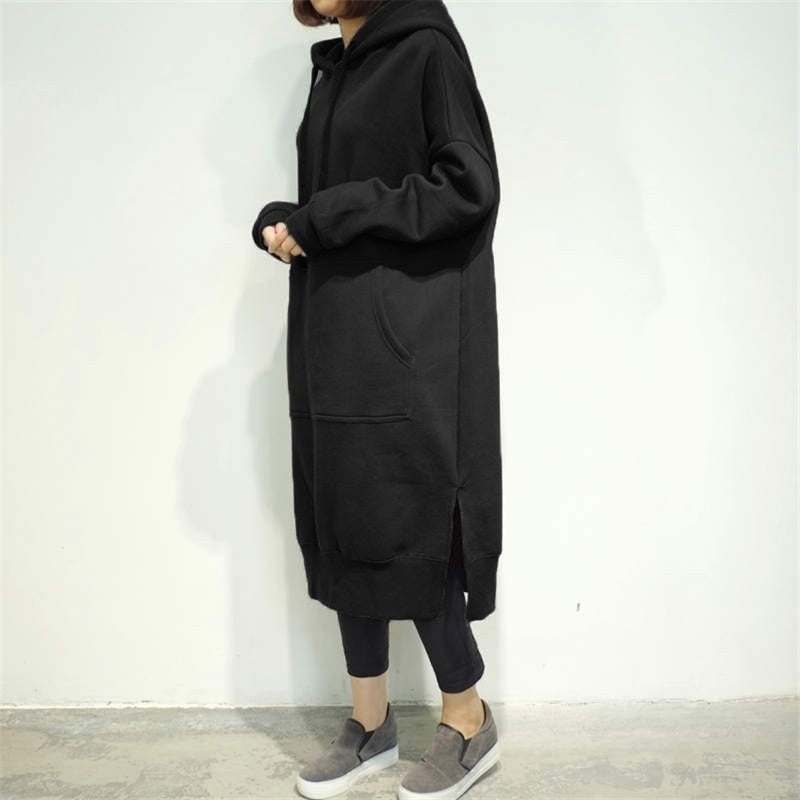 Women Loose Long Hoodie Casual Solid Color Hooded Sweatshirts Student's Autumn Winter Baggy Pullover Oversized Sweatshirt Dress