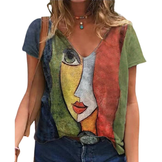 V Neck Tshirt Women's Summer Casual Oversize Print Shirt Tops Loose Vintage Female Tee Streetwear Y2K Short Sleeve Clothes S-5XL