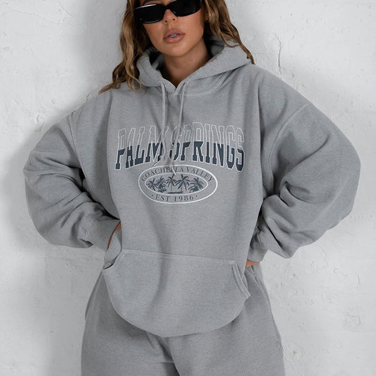 Letter Print Sweatshirt Vintage Women Hoodies Gray Cotton Warm Fleece Winter Pullovers Autumn New Casual Streetwear Girls