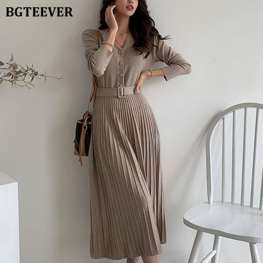 Elegant V-neck Single-breasted Women Thicken Sweater Dress Autumn Winter Knitted Belted Female A-line soft dresses