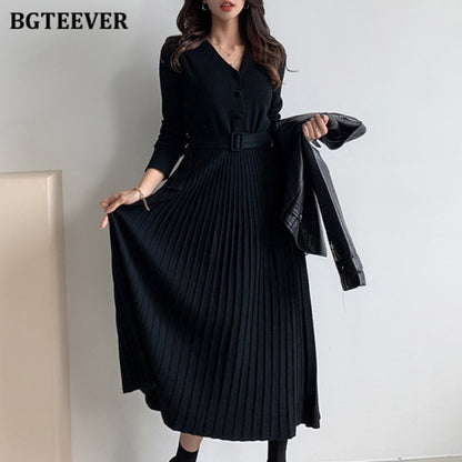 Elegant V-neck Single-breasted Women Thicken Sweater Dress Autumn Winter Knitted Belted Female A-line soft dresses