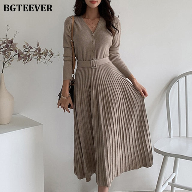 Elegant V-neck Single-breasted Women Thicken Sweater Dress Autumn Winter Knitted Belted Female A-line soft dresses