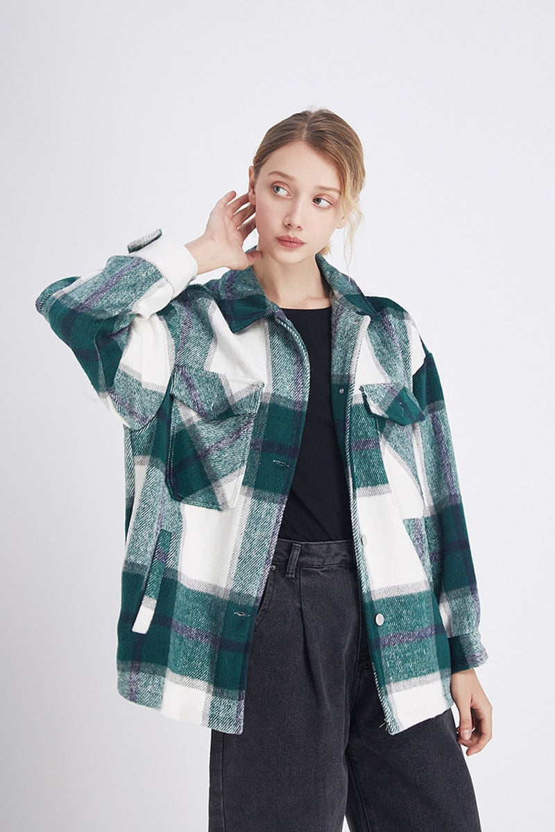 Vintage Stylish Pockets Oversized Plaid Jacket Coat Women Lapel Collar Long Sleeve Loose Outerwear Chic Tops