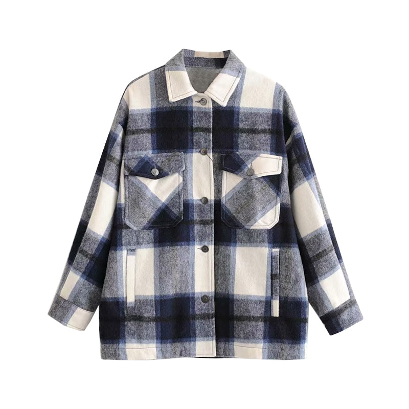 Vintage Stylish Pockets Oversized Plaid Jacket Coat Women Lapel Collar Long Sleeve Loose Outerwear Chic Tops